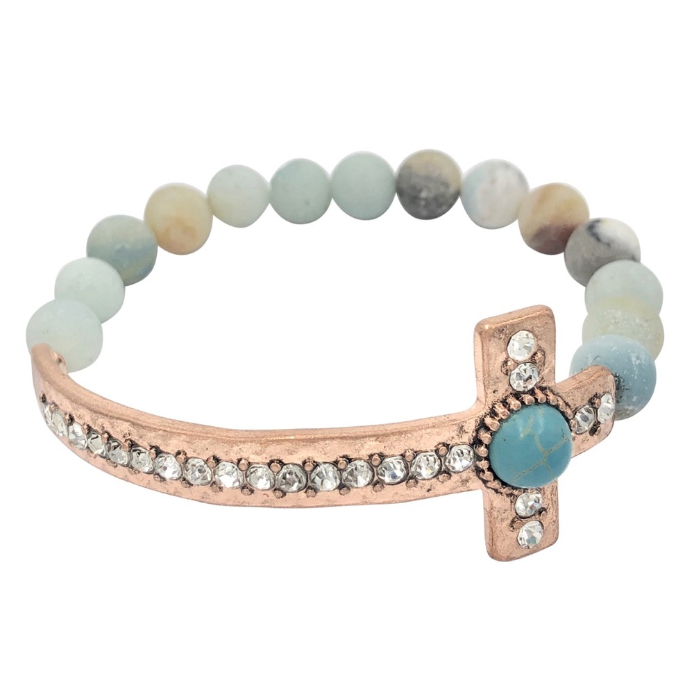 Mixed Multicolor Genuine Stone Copper Color Rhinestone Cross Stretch Bracelet